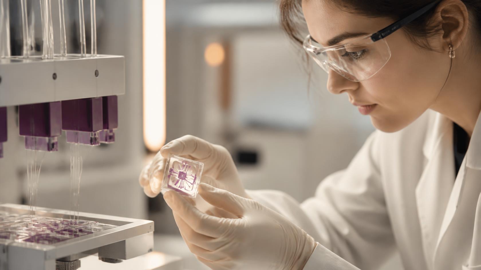 A researcher holding a small transparent sensor component in a laboratory.
